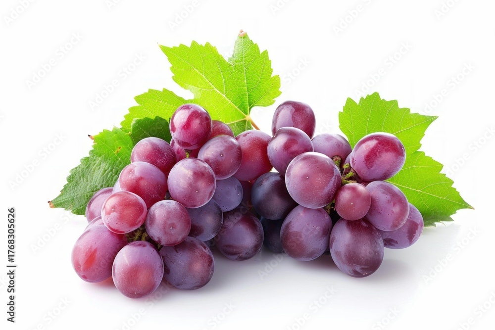 Fototapeta premium Two bunches of ripe red grapes with green leaves are presented on a pristine white backdrop, showcasing their freshness and vibrant color