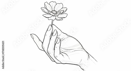 Delicate Hand Holding a Single Blooming Flower Sketch.