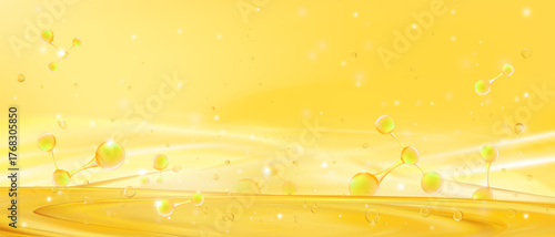 Golden serum molecule structure in oil liquid background,Vector background of skincare innovation,yellow collagen essence,beauty science.Perfect for cosmetic ads, product design,biotech visuals