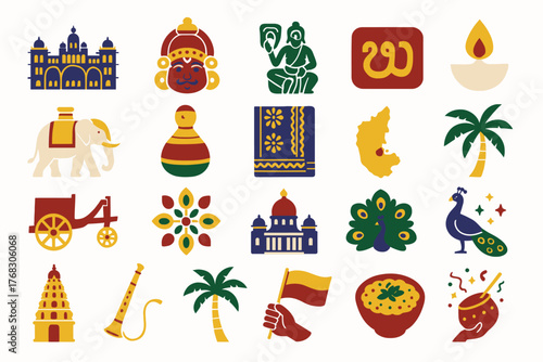 Karnataka Culture and Heritage Icon Set Featuring Elephants, Temples, Peacock, and More