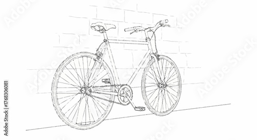 Detailed sketch of a classic bicycle leaning against a wall.