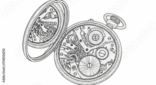 Detailed Sketch of an Open Pocket Watch Mechanism.