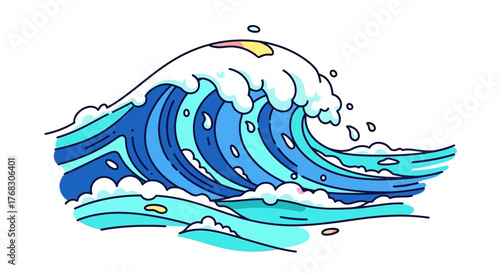 Dynamic Ocean Wave Illustration with Blue and White Hues.