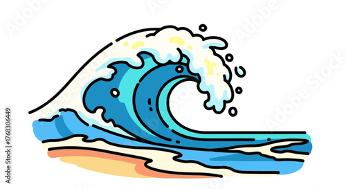 Dynamic Ocean Wave Illustration with Foaming Crest and Blue Water.