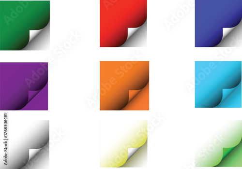 Colorful page curl design with folded paper corners in rainbow tones for creative graphic layout element.