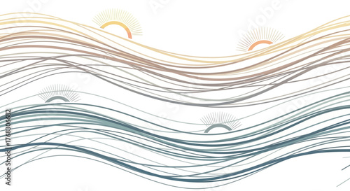 Subtle line art sunrise scene with wavy layered lines in muted colors, depicting a peaceful dawn