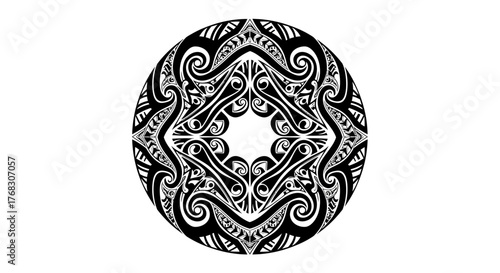 Intricate tribal circle with hypnotic swirling patterns and symmetrical arrangement of stylized
