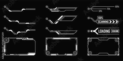 Sci-fi futuristic HUD dashboard display virtual reality technology screen. User Interface set. Statistics, Data information infographic. Vector graphic