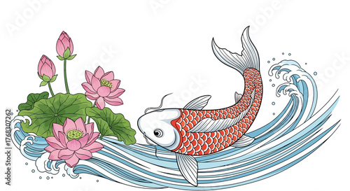 Elegant koi carp swimming amidst lotus flowers and stylized ocean waves illustration