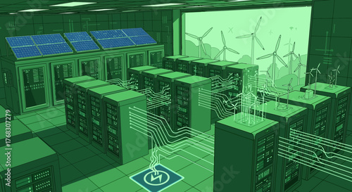 Sustainable Data Center with Solar Panels and Wind Turbines: A Green Technology Illustration