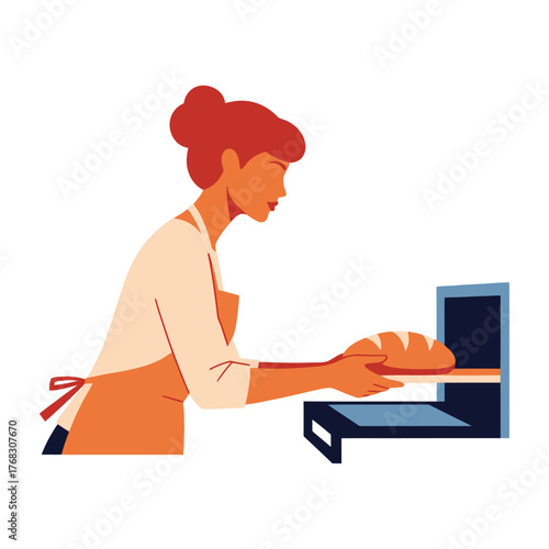 young woman using oven, oven flat vector illustration design 