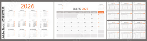Spanish calendar and planner 2026 year, schedule month calender, organizer template. Week starts on Monday. Business personal page for Spain. Modern simple dairy. Vector illustration