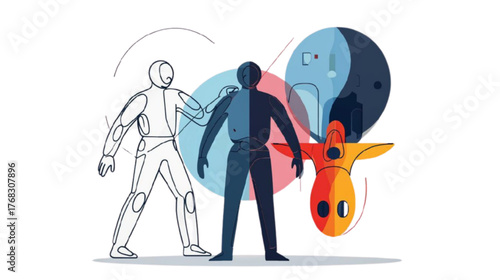 Stylized character illustration depicting interaction between figures, modern design, colorful abstract background