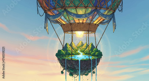 Fantasy Hot Air Balloon with Lush Greenery and Glowing Light.