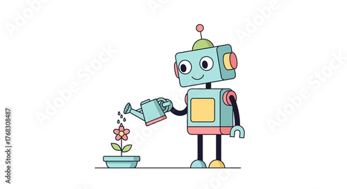 Friendly Robot Nurturing a Blooming Flower in a Pot.