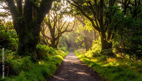 Sun shines down a path through a verdant forest, with trees lining the way, creating a tunnel of green
