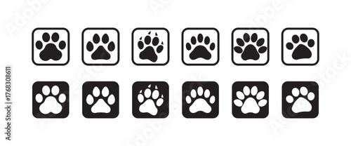  Animal feet set icon, Animals paw prints, Dog and cat paw print icon, cute animal footprints, silhouette, Vector illustration EPS 10.