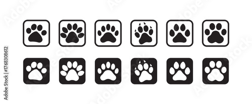 Paw icon set, Cat or dog paw icon silhouette, Paw icon logo vector set, Graphic design elements, Vector illustration EPS 10.