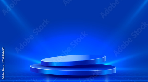 Vibrant Blue Stage Podium with Grid Floor and Spotlights