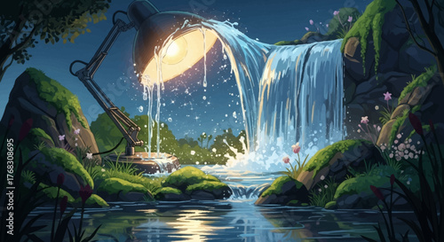 Giant Desk Lamp Illuminating a Lush Forest Waterfall at Night.