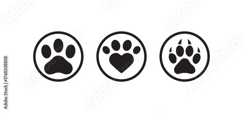Paw icon set, cat paw prints, Different footprints icon,  Foot imprint, footsteps icon collection,  footprints silhouetteVector illustration EPS 10.
