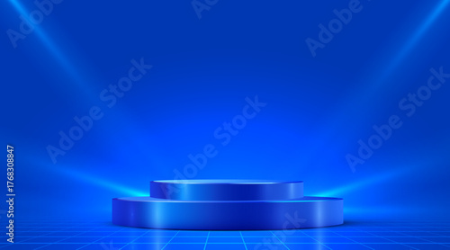 Vibrant Blue Stage Podium with Grid Floor and Spotlights