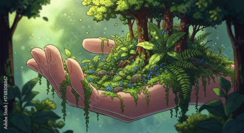 Giant hand cradling lush green forest and vibrant plant life.