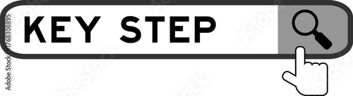 Search banner in word key step with hand over magnifier icon on white background