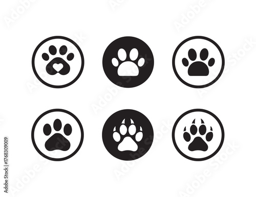  Animal feet set icon, Animals paw prints, Dog and cat paw print icon, cute animal footprints, silhouette, Vector illustration EPS 10.