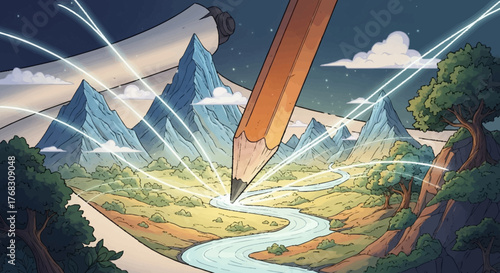 Giant Pencil Drawing a Vibrant Landscape with Mountains and River.