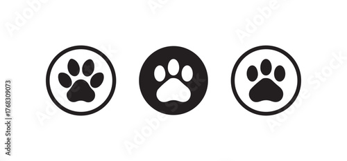  Animal feet set icon, Animals paw prints, Dog and cat paw print icon, cute animal footprints, silhouette, Vector illustration EPS 10.