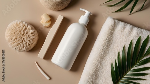 Minimalist Natural Skincare Flat Lay with White Pump Bottle and Spa Accessories on Beige Background