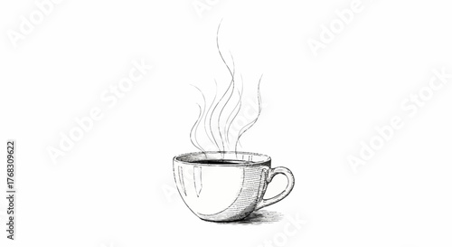 Hand drawn sketch of a steaming hot cup of coffee or tea.