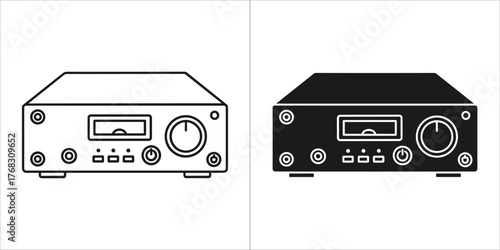 Line art and silhouette of an audio amplifier with a display and knob