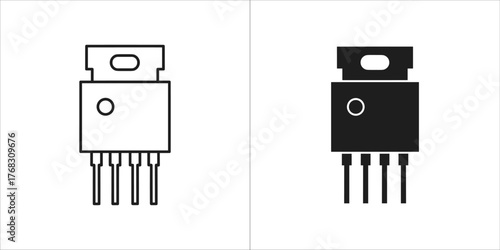 Two stylized icons of a transistor, one in outline and one in solid black
