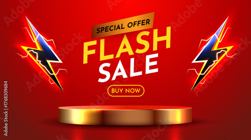 Vibrant Flash Sale Banner with Podium and Lightning Bolts.
