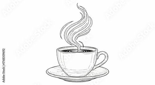 Hand drawn sketch of a steaming hot cup of coffee.