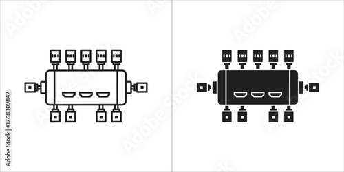Computer chip icon with multiple ports, outline and filled versions