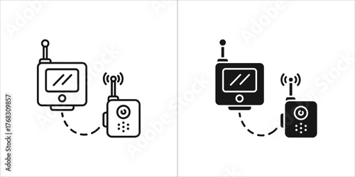 Two icons of a wireless transmitter and receiver set, one outline and one filled