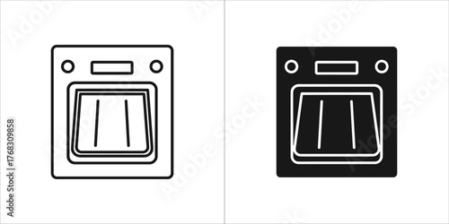 Line art and solid black icon of a dishwasher