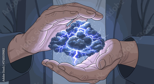 Hands cradling a glowing, storm-like brain, symbolizing powerful thought.