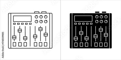 Two icons of a sound mixing console, one outline and one filled