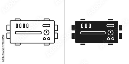 Two icons of an electronic device with controls and ports, one outline and one solid black