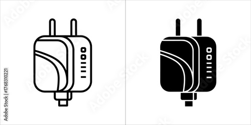 Two icons of a power adapter, one outline and one solid black
