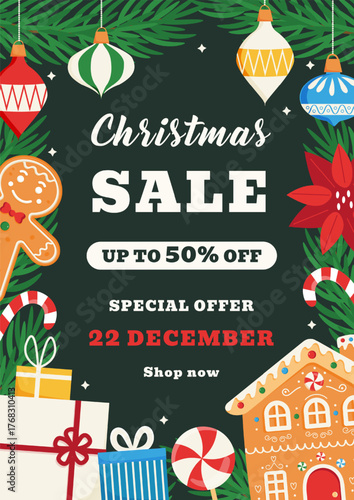 Template for Christmas Sale. Advertising poster with gingerbread man, house, presents,fir tree branches, decoration.