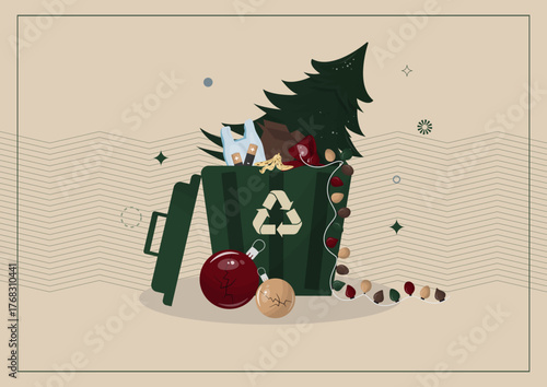 Christmas waste concept with broken ornaments, discarded tree, and festive lights on a green recycling bin, conveying post-holiday melancholy. Festive Waste concept. Flat style. Vector illustration