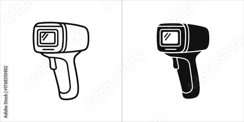 Two icons of a thermometer gun, one outline and one solid