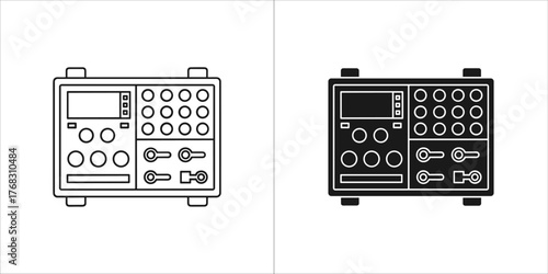 Two icons of a power supply unit, one outline and one filled