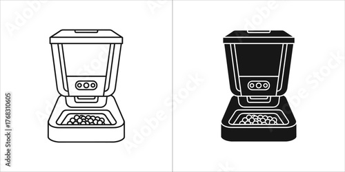 Automatic pet feeder in outline and solid black silhouette