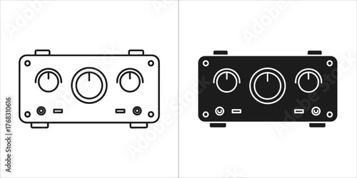 Two icons of an audio amplifier with knobs and buttons, one in outline and one in solid black